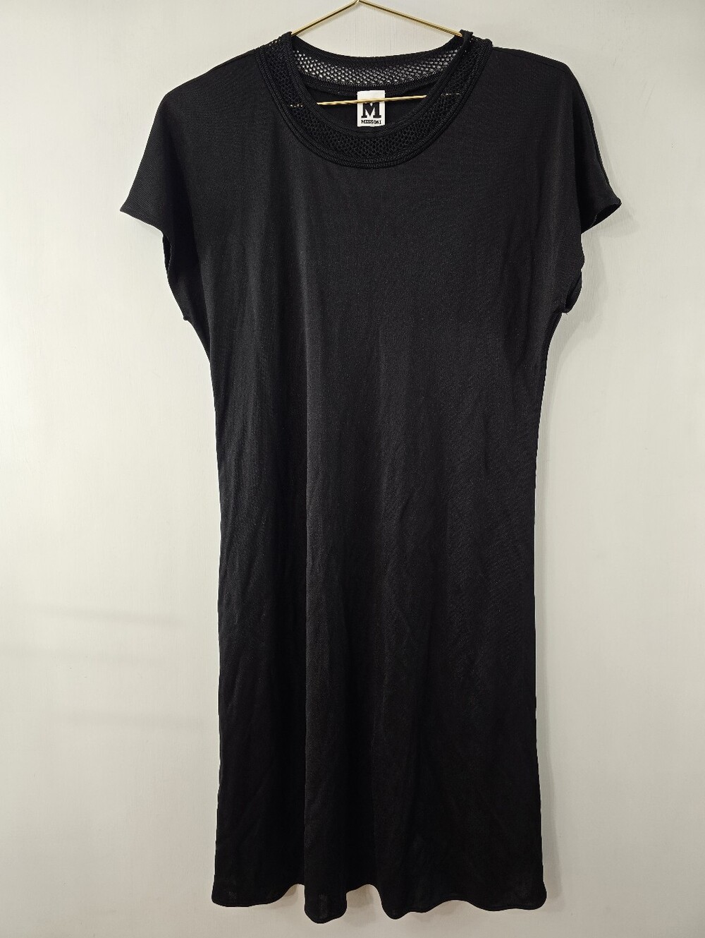 M Missoni Lattice Open Work Neckline Cap Short Dolman Sleeve Solid Black Dress M